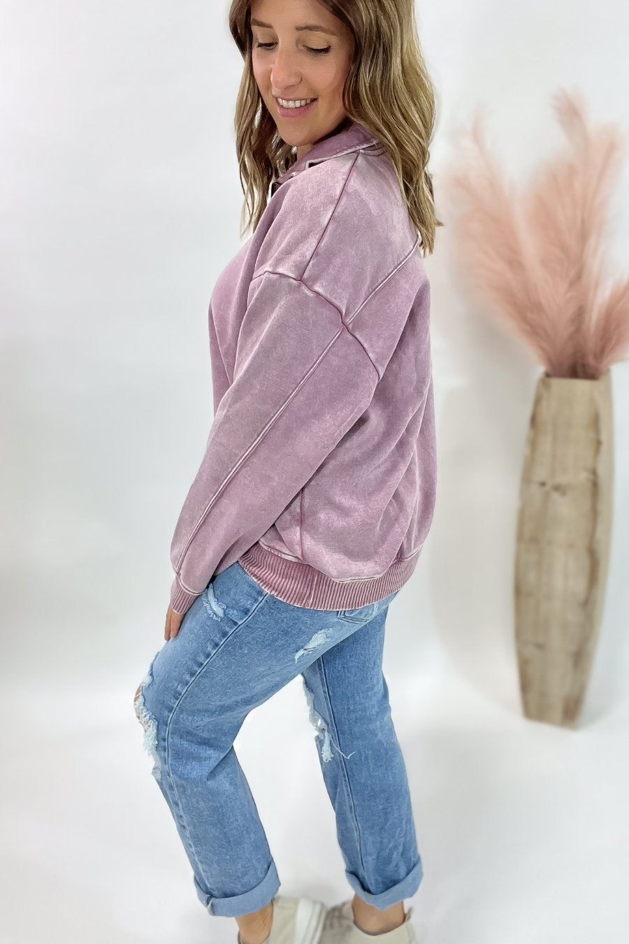 Acid Wash Half Zip Pullover- Mauve
