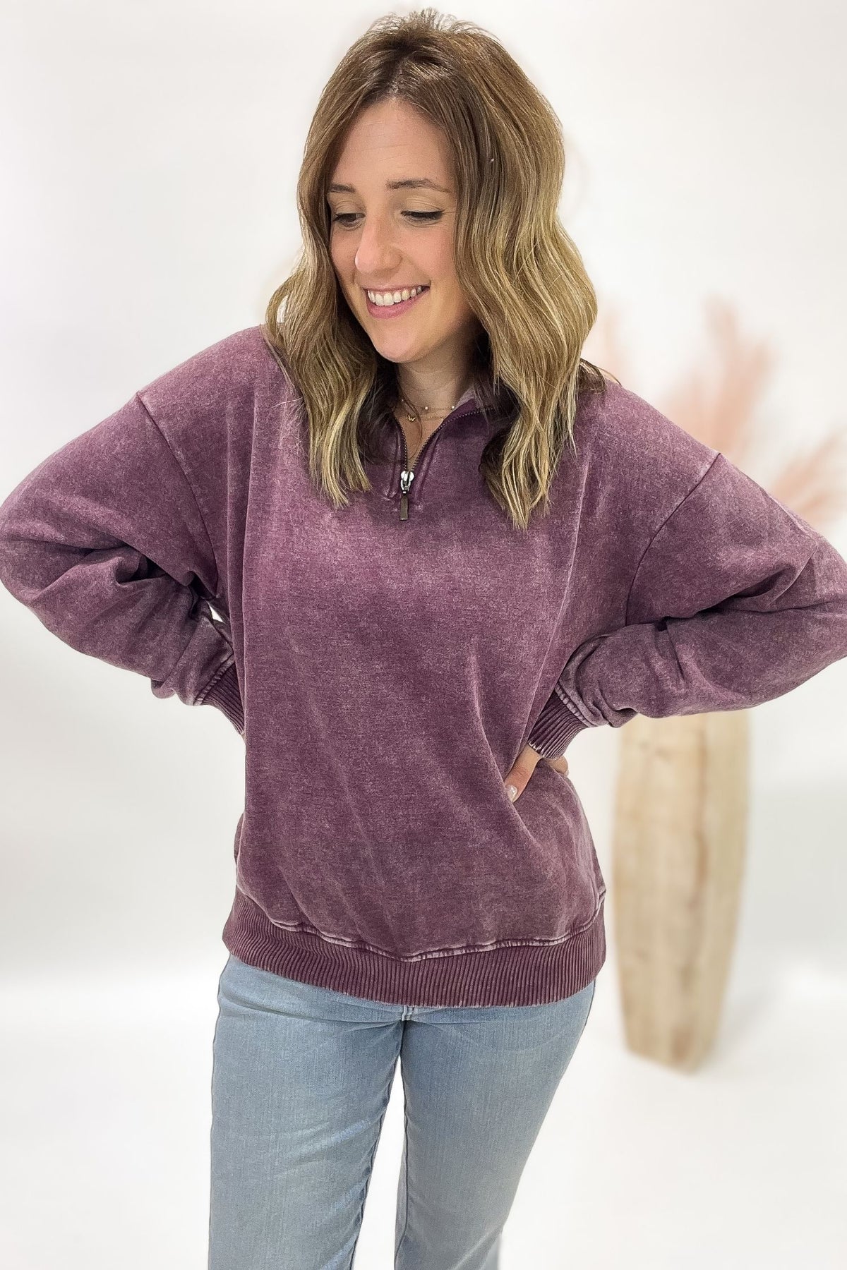 Acid Wash Half Zip Pullover- Plum