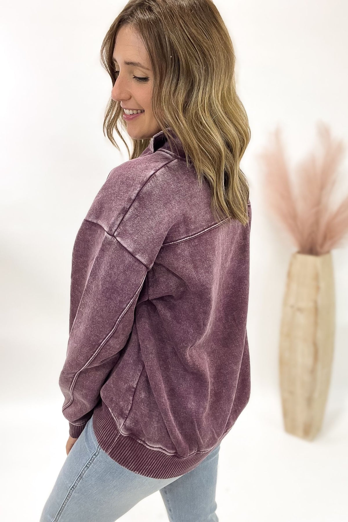 Acid Wash Half Zip Pullover- Plum
