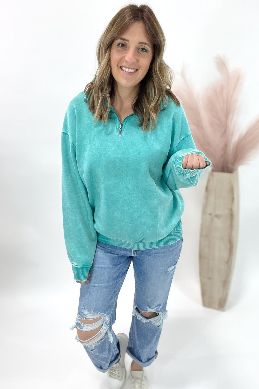 Acid Wash Half Zip Pullover- Turquoise