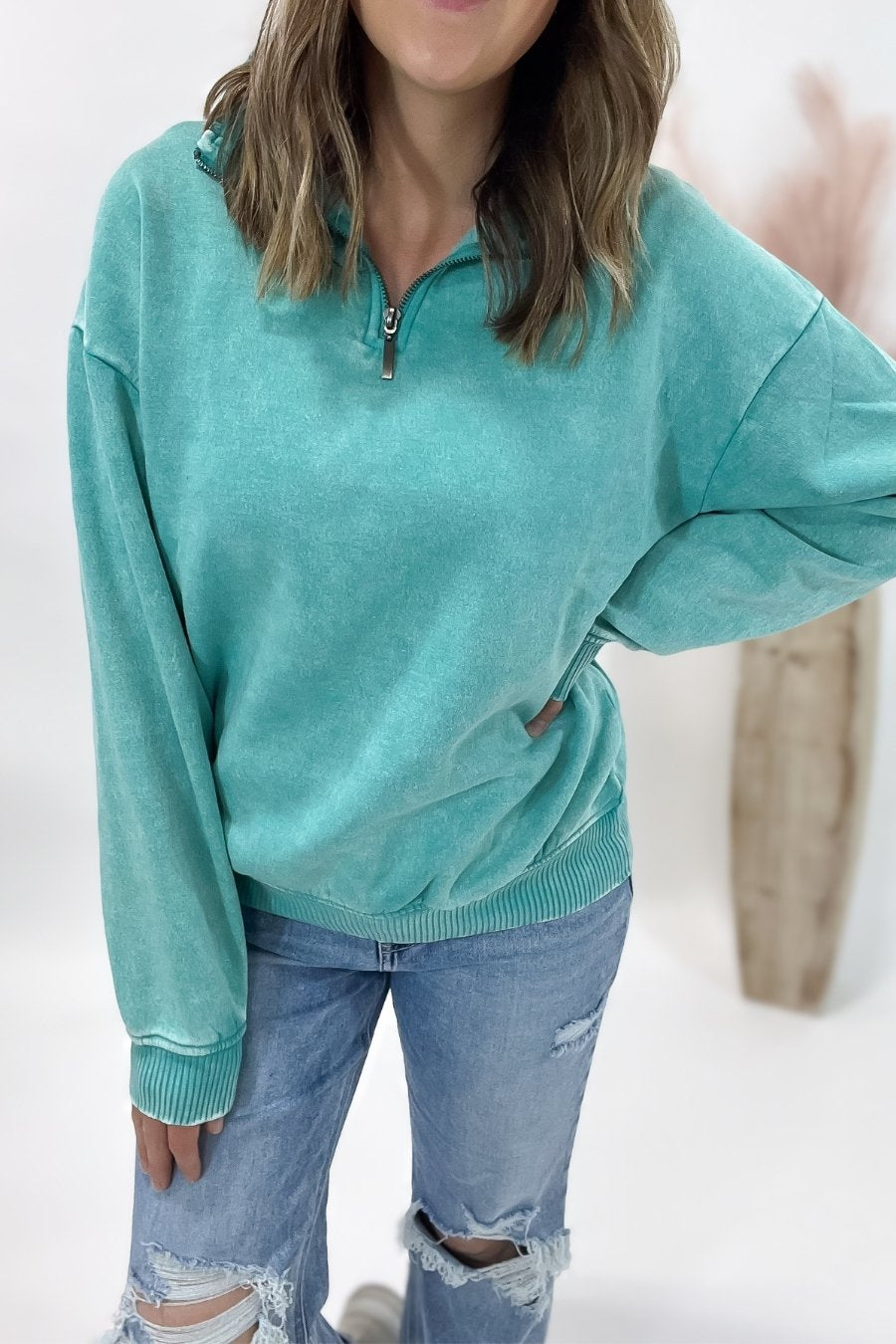Acid Wash Half Zip Pullover- Turquoise