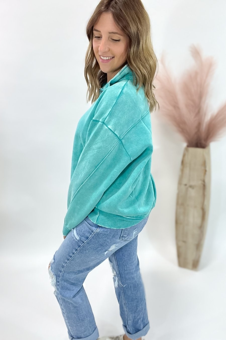Acid Wash Half Zip Pullover- Turquoise