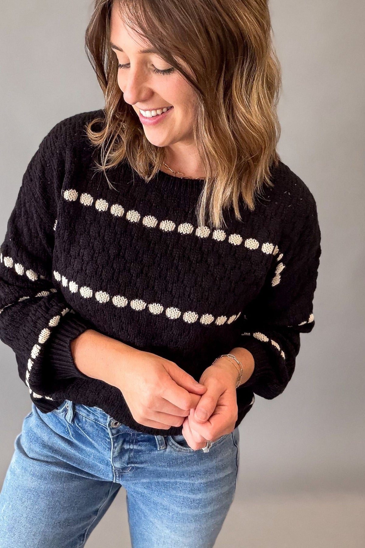 Balloon Sleeve Knit Striped Sweater- Black