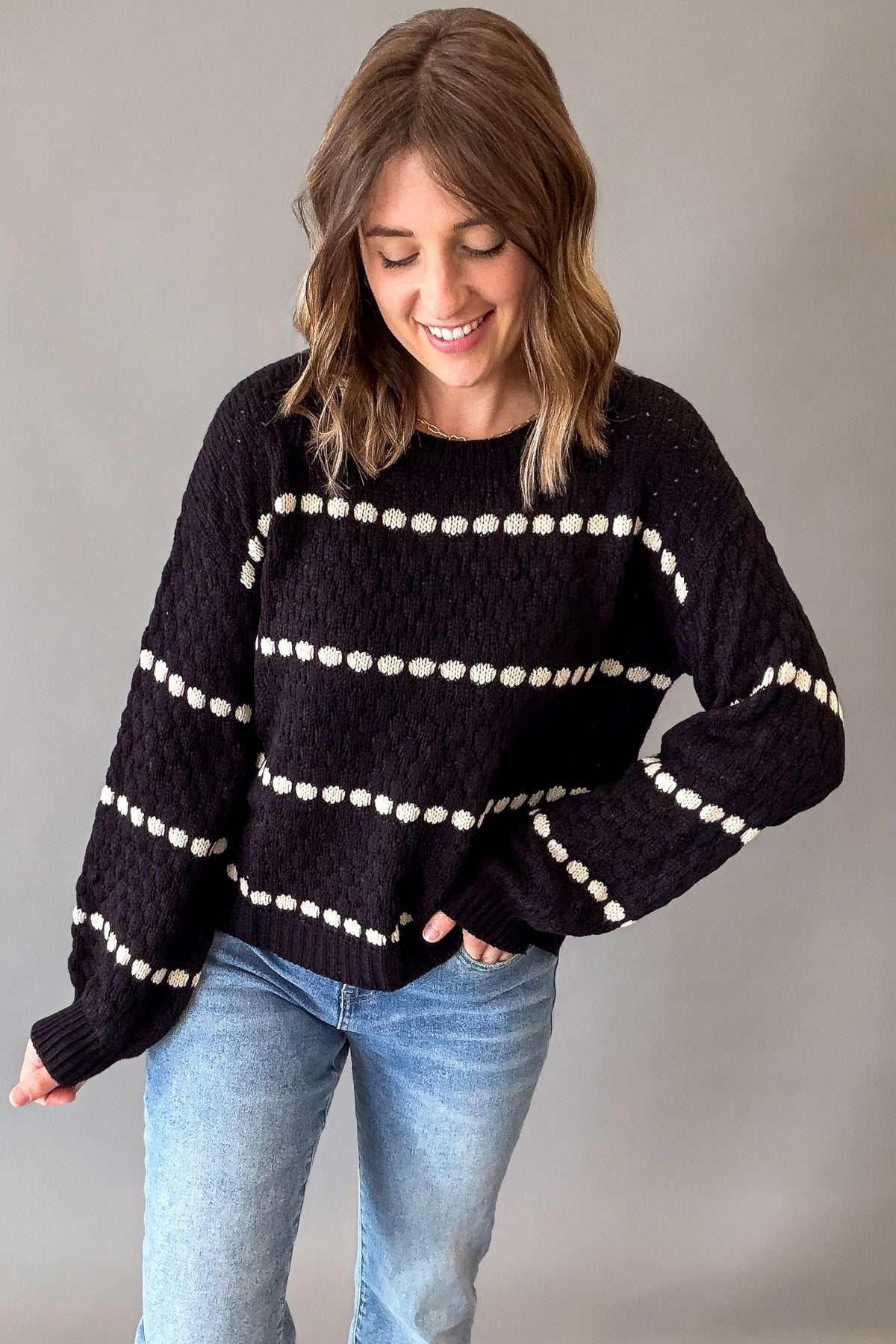 Balloon Sleeve Knit Striped Sweater- Black