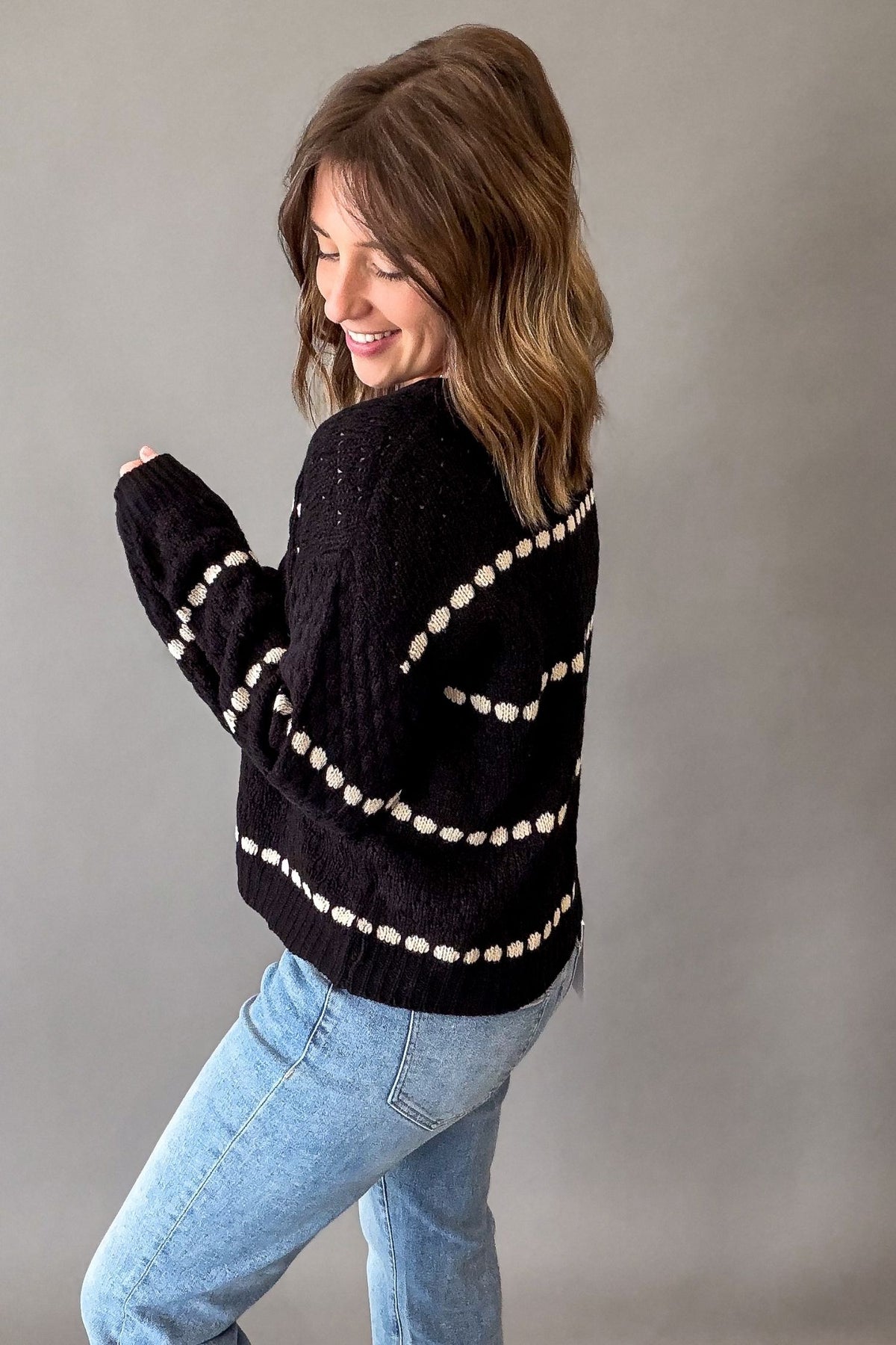 Balloon Sleeve Knit Striped Sweater- Black