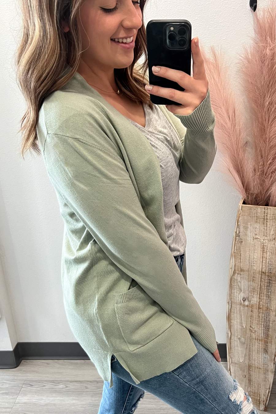 Basic Cardigan With Pockets- Sage