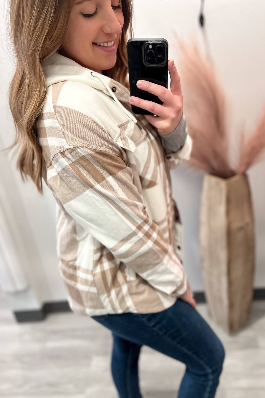 Beige Plaid Flannel Jacket With Sherpa