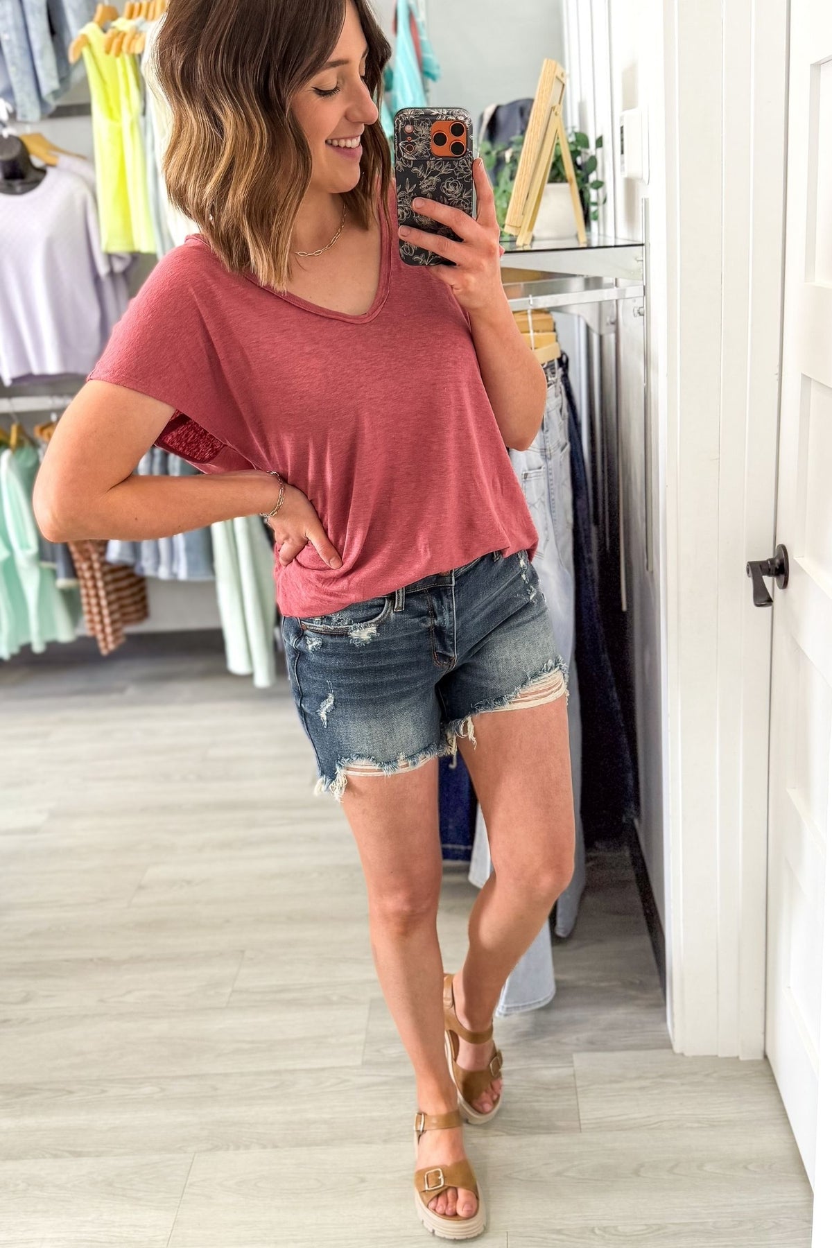 Berry linen blend short sleeve tee relaxed fit v neck tee styled with shorts and a platform sandal