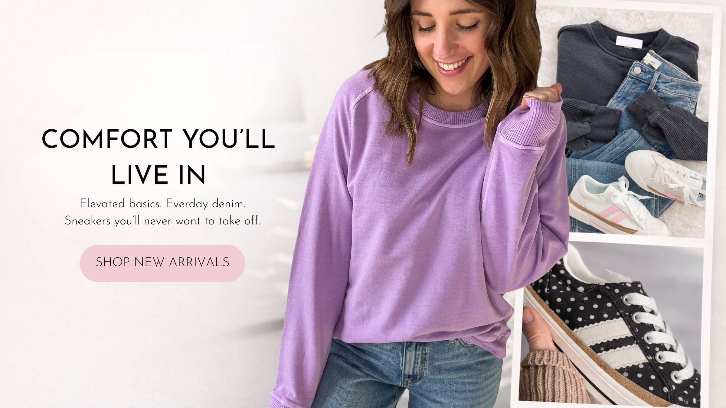 Woman wearing a purple sweater and jeans with denim and sneakers displayed on a white background.