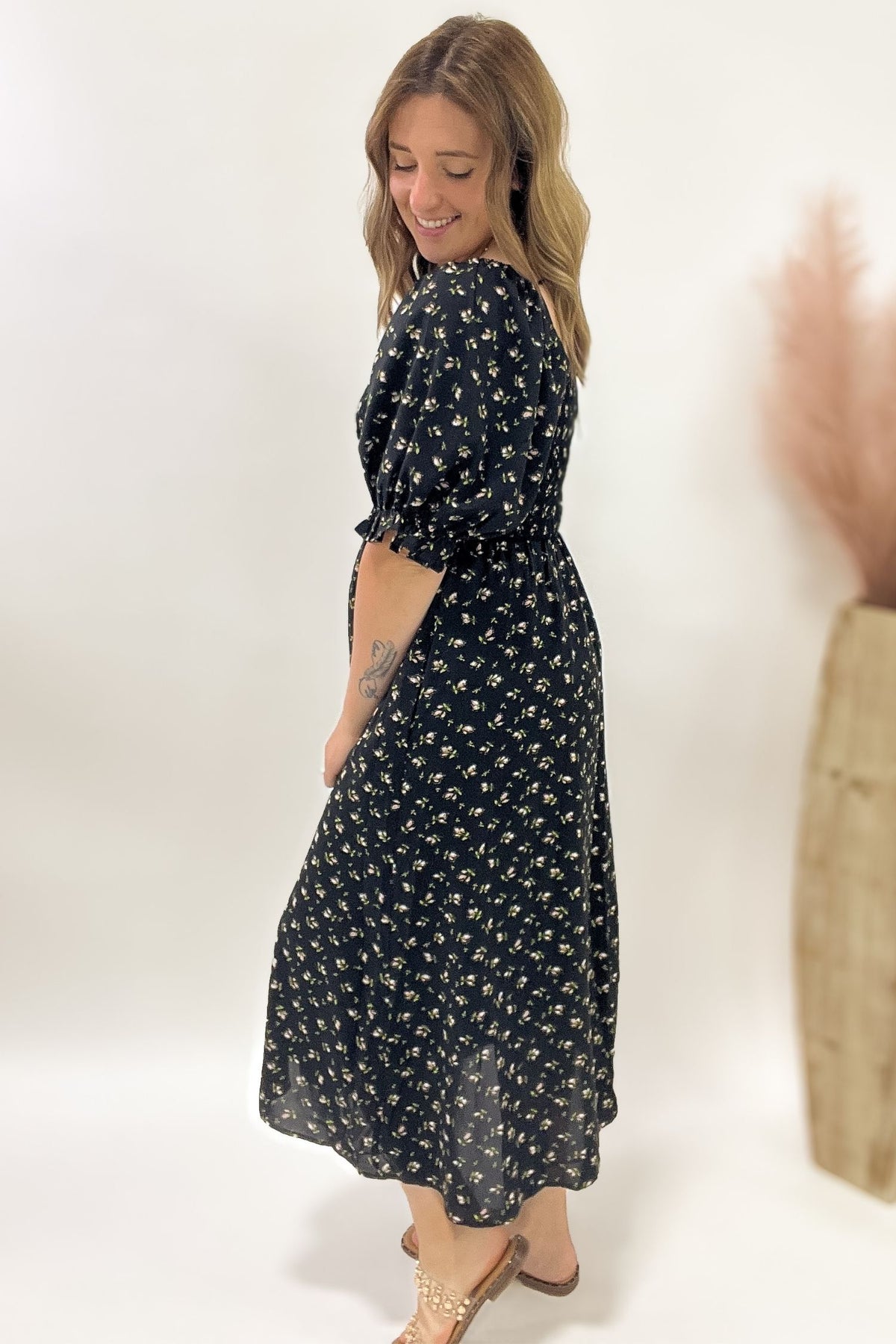 Black Floral Midi Dress