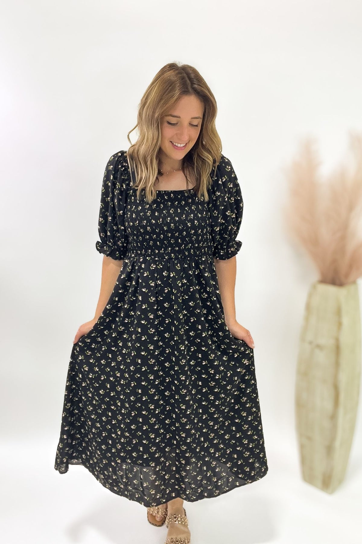 Black Floral Midi Dress