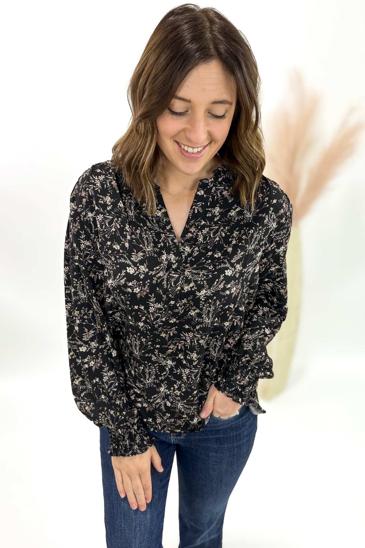 Black Floral V-Neck Blouse