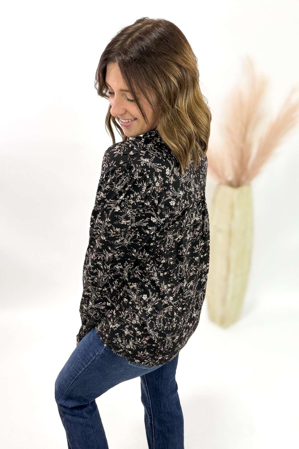 Black Floral V-Neck Blouse