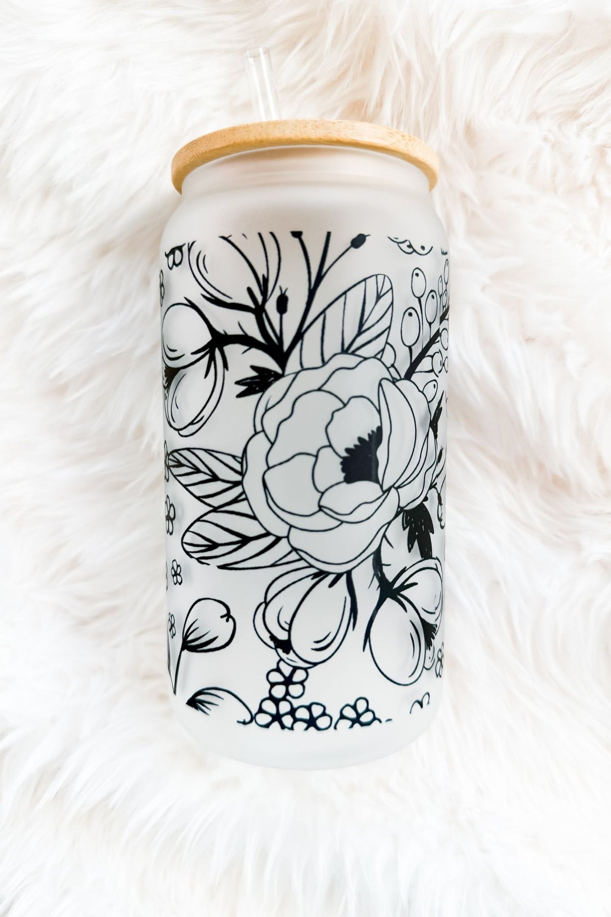 Black Line Art Floral 16oz Glass Frosted Tumbler