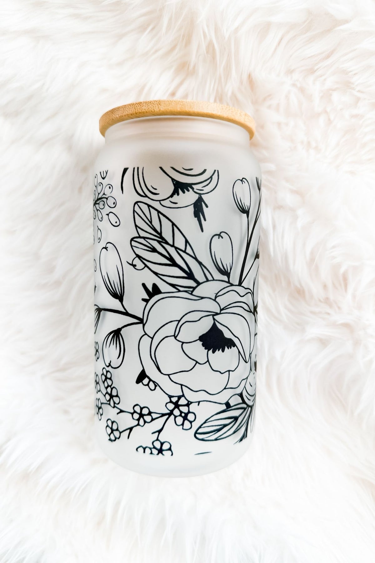 Black Line Art Floral 16oz Glass Frosted Tumbler