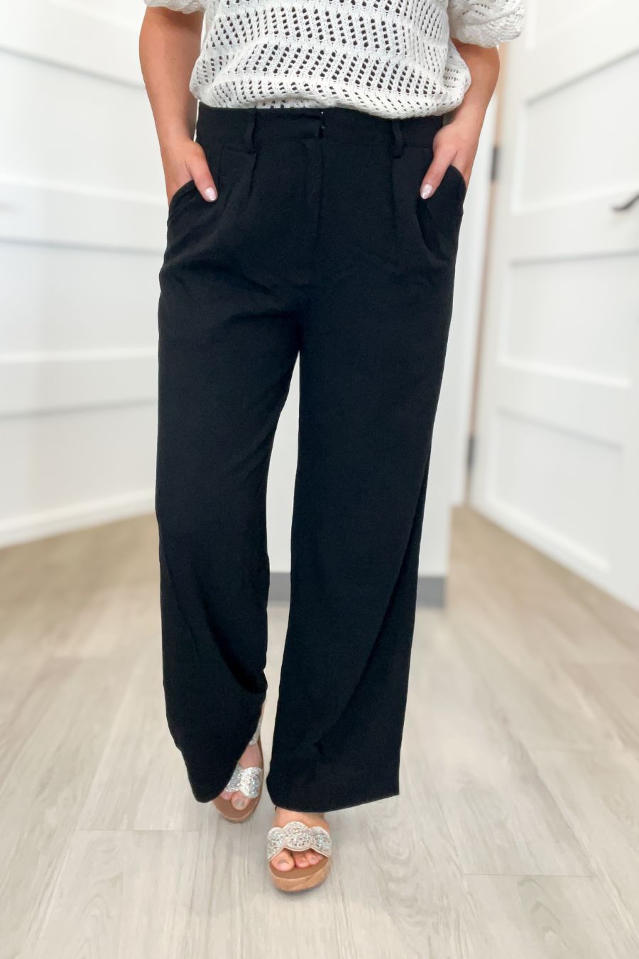 Black Linen Blend Pleated Trousers