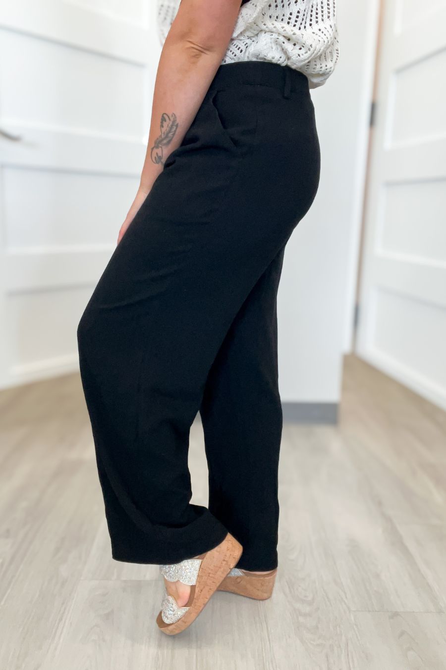 Black Linen Blend Pleated Trousers