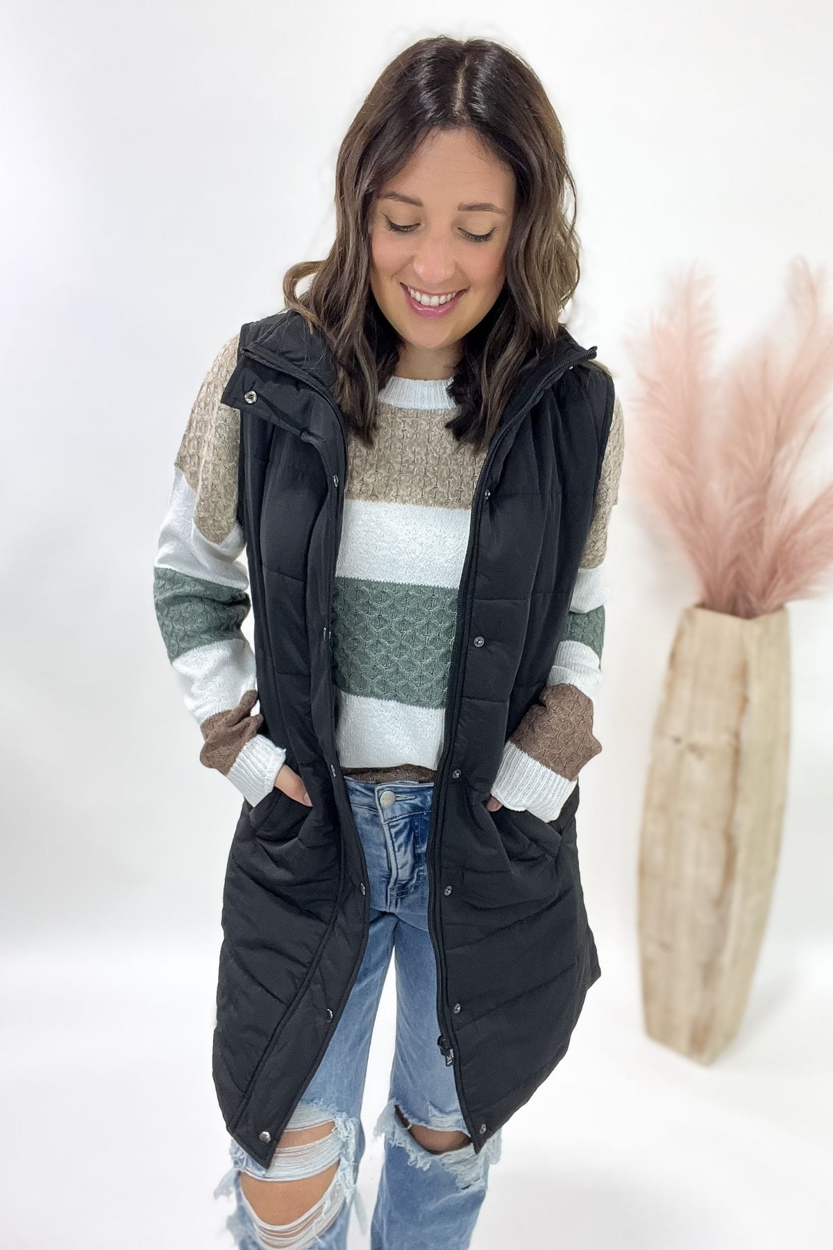 Black Long Zip Puffer Vest