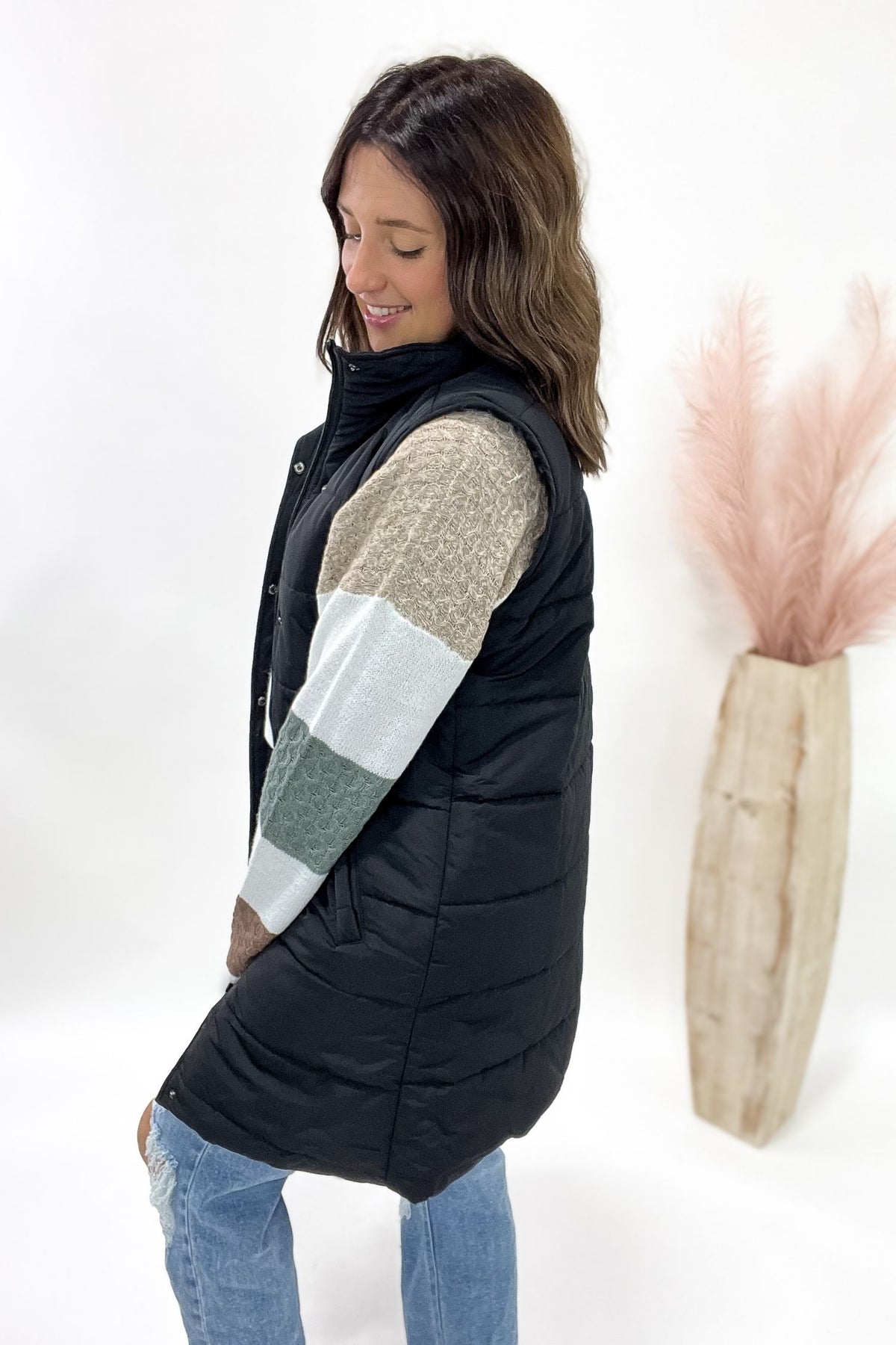 Black Long Zip Puffer Vest