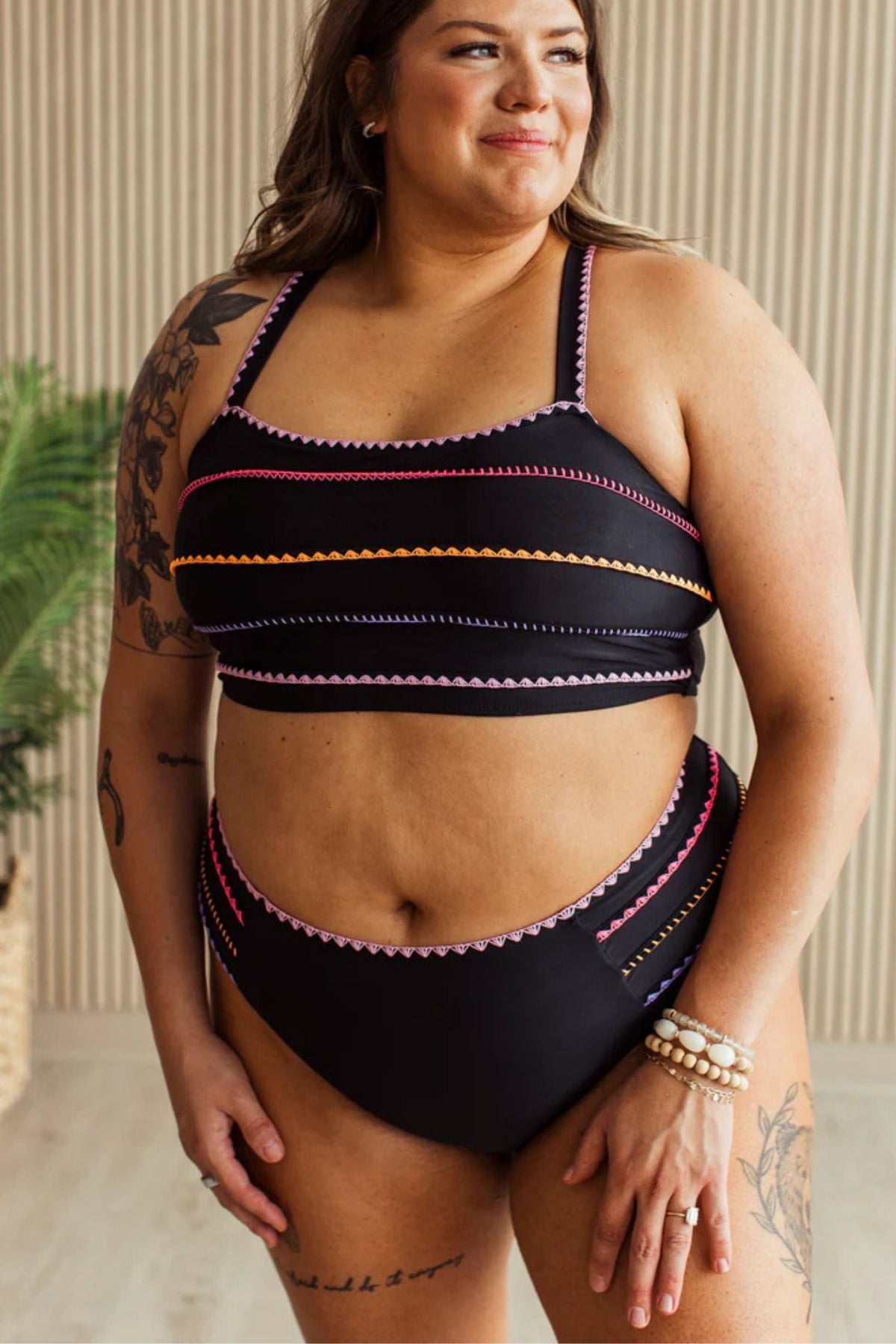Black Multi Stitch Swim Top