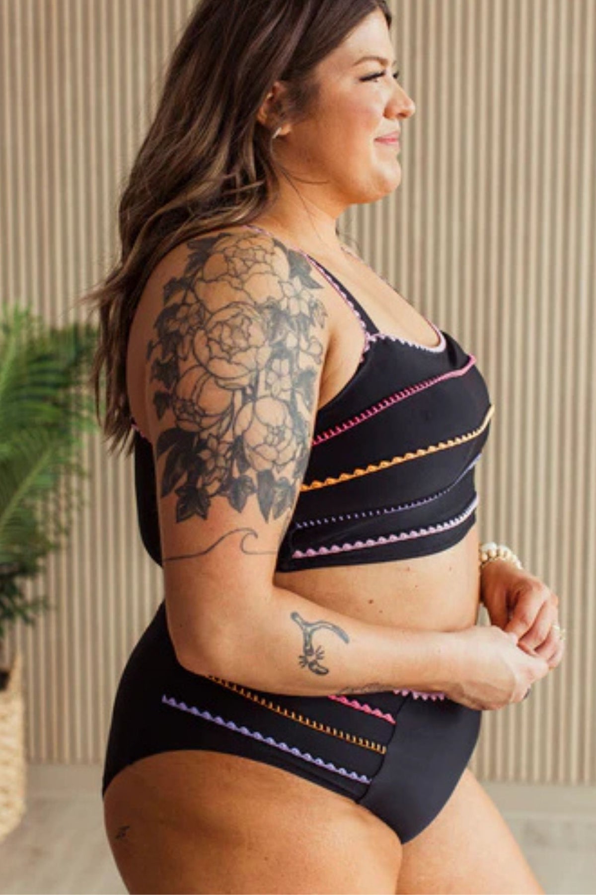 Black Multi Stitch High Rise Swim Bottoms