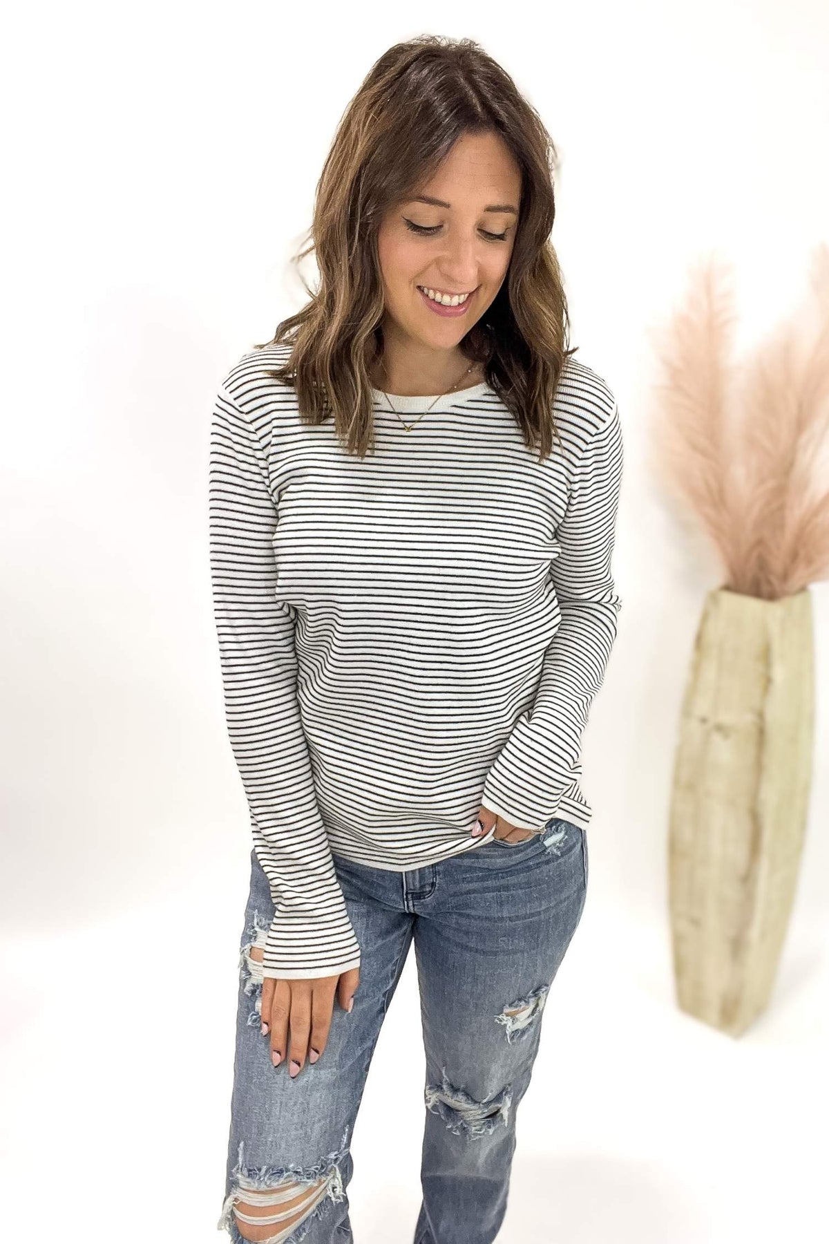 Black Pinstriped Crew Neck Sweater
