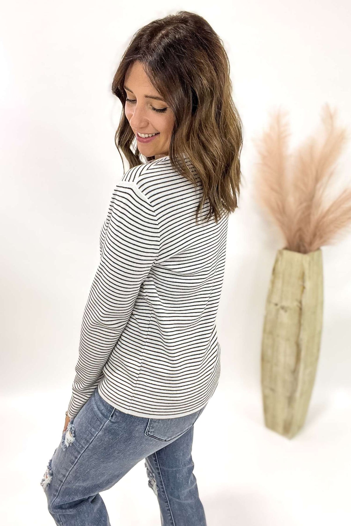 Black Pinstriped Crew Neck Sweater