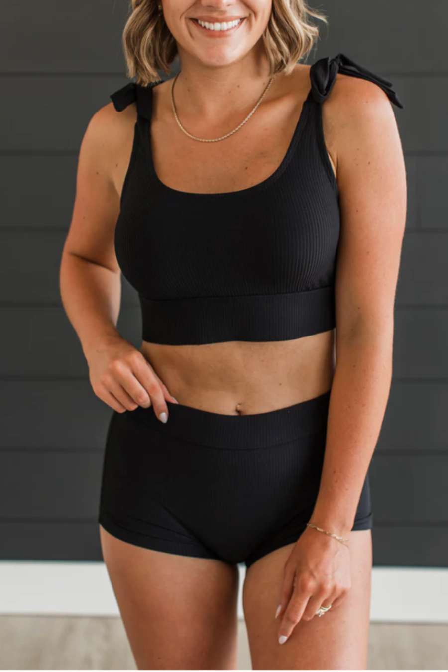 Black Ribbed Swim Top