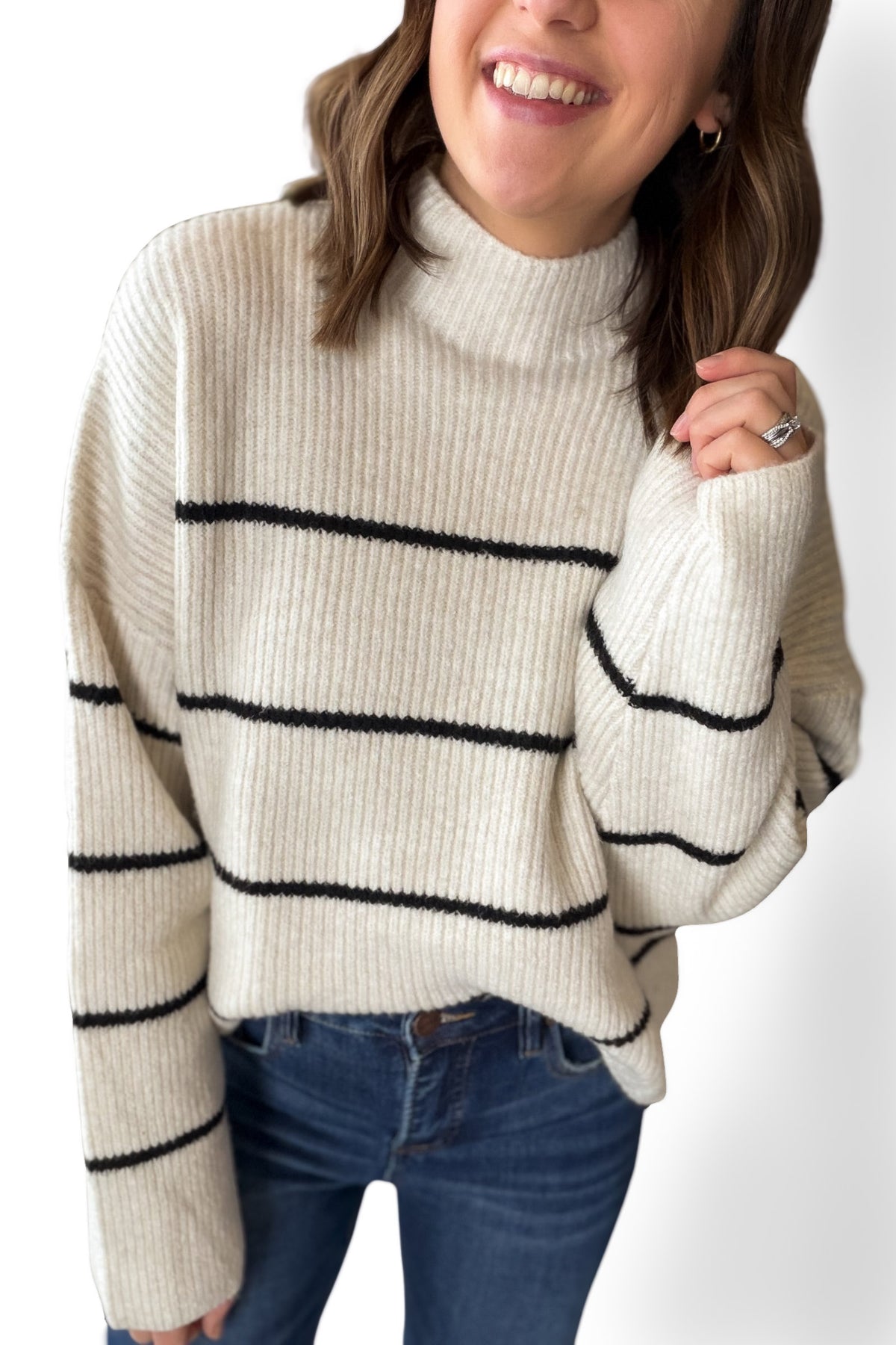 Black Stripe Mock Neck Ribbed Sweater