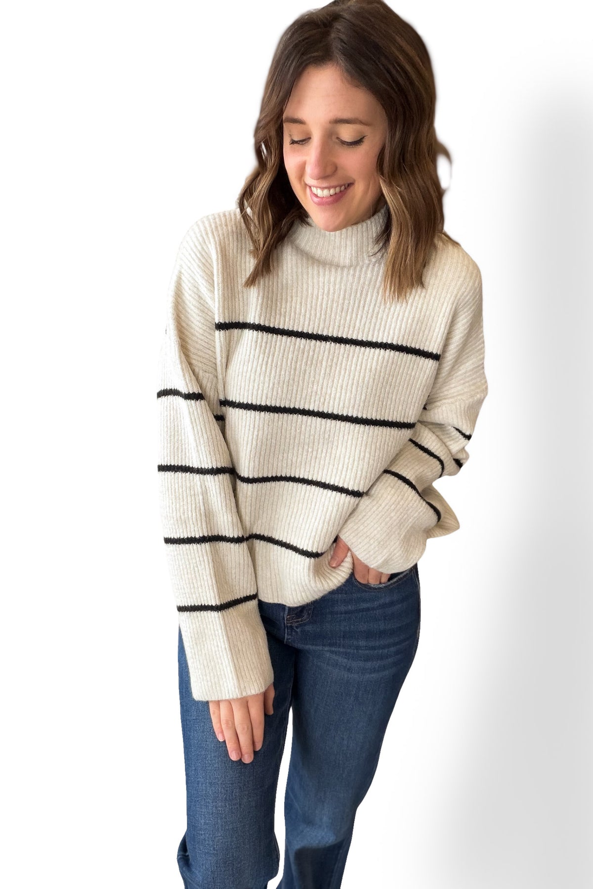 Black Stripe Mock Neck Ribbed Sweater