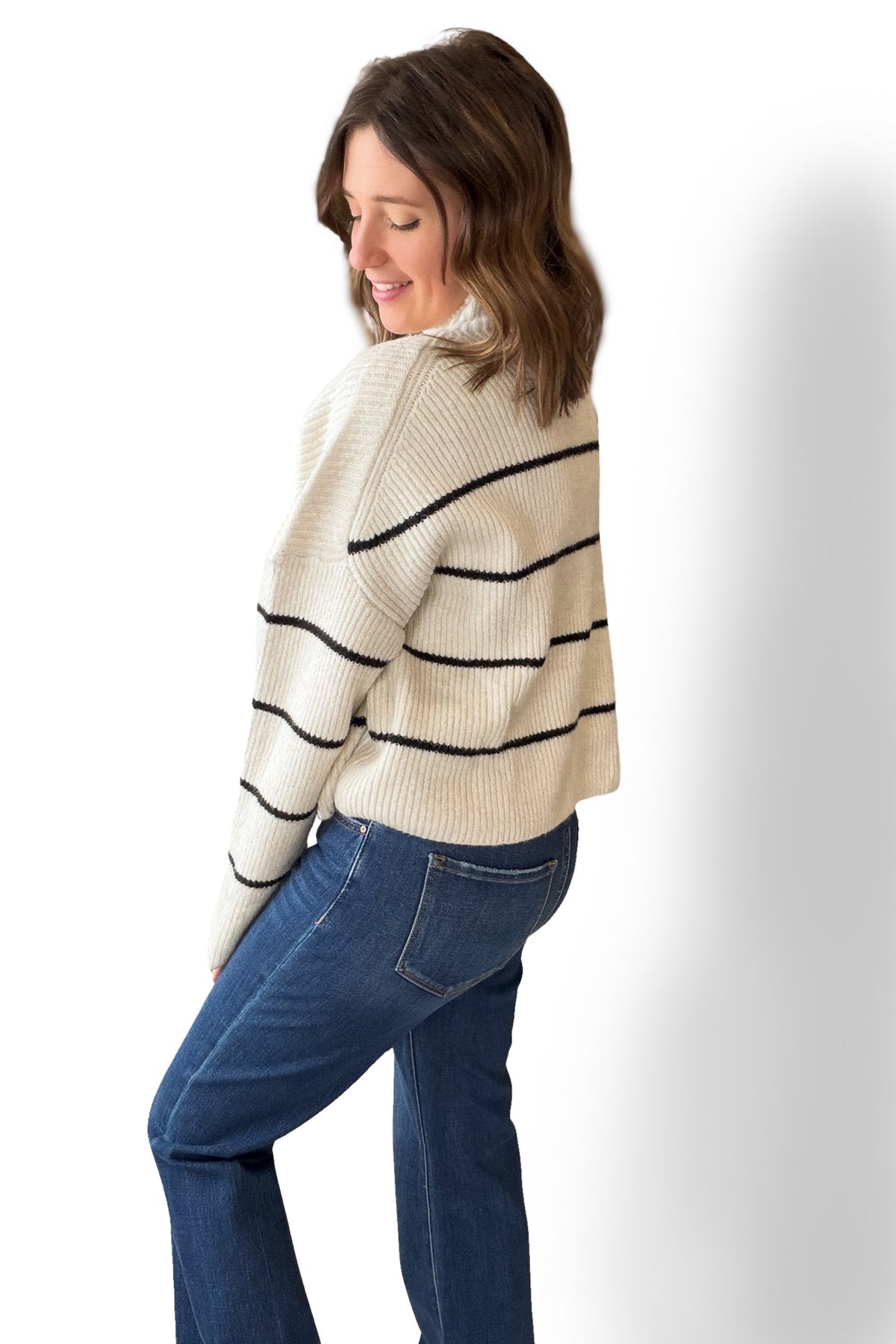 Black Stripe Mock Neck Ribbed Sweater