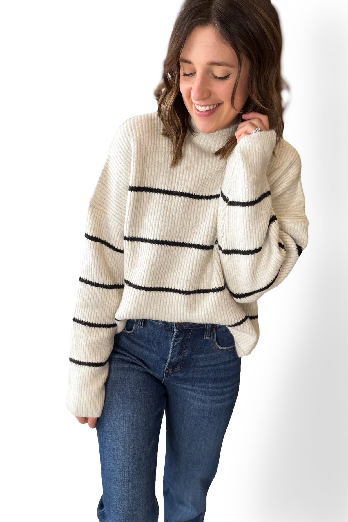 Black Stripe Mock Neck Ribbed Sweater