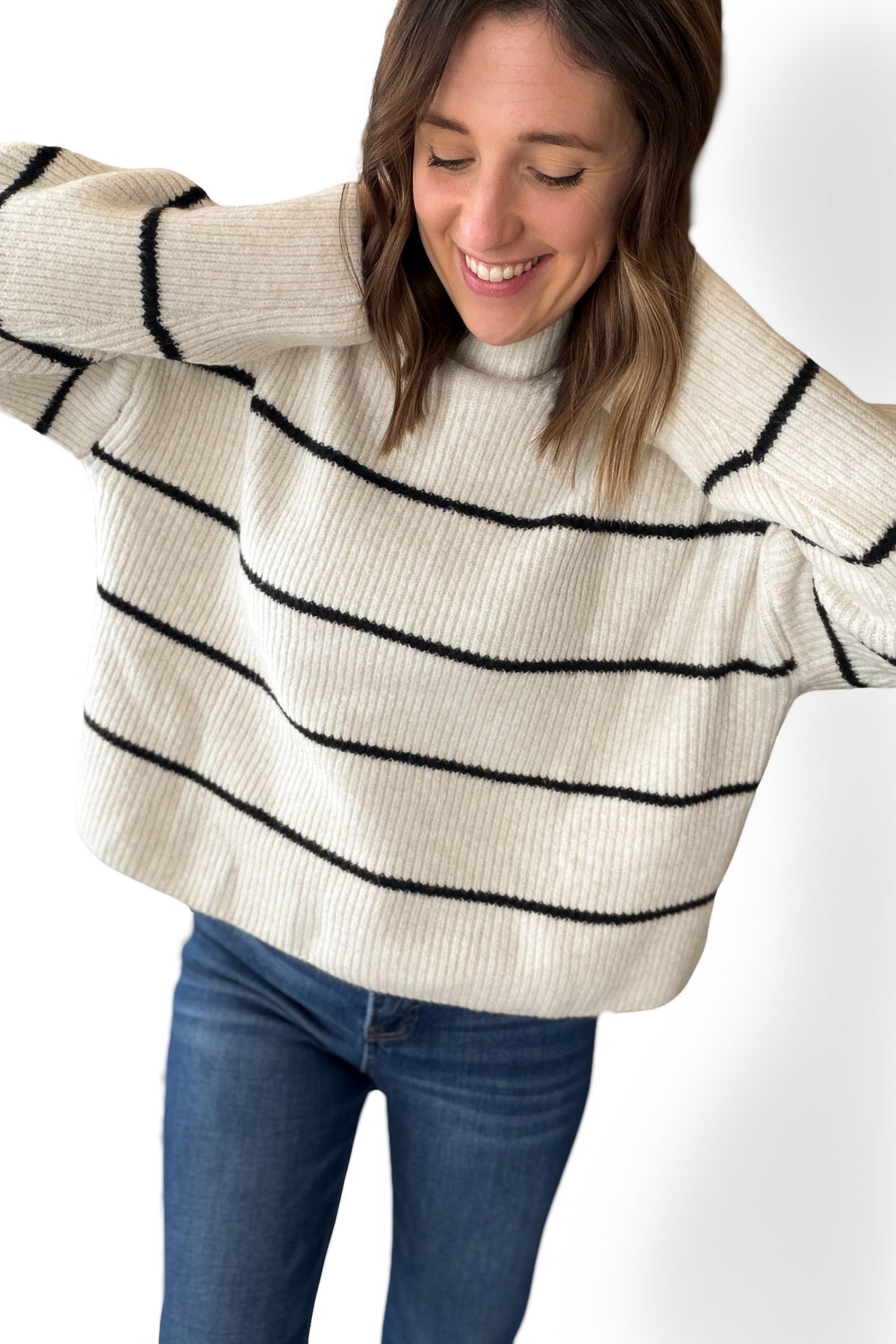 Black Stripe Mock Neck Ribbed Sweater