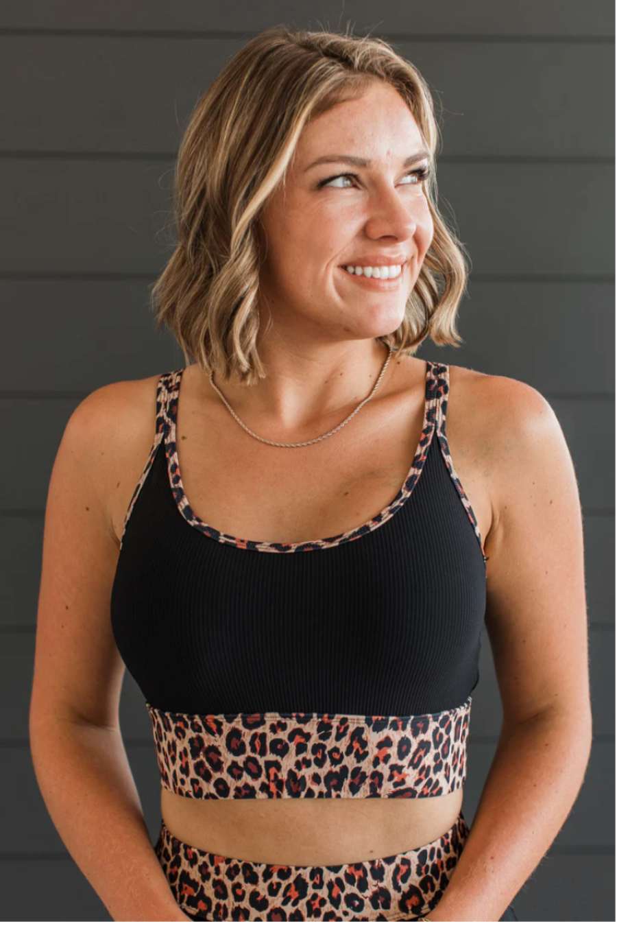 Black & Leopard Ribbed Swim Top