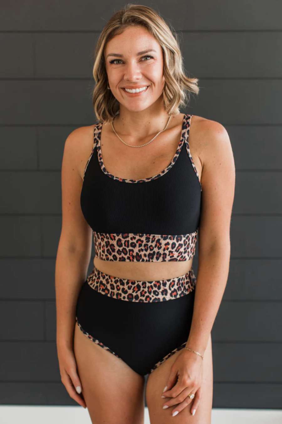 Black & Leopard Ribbed Swim Top