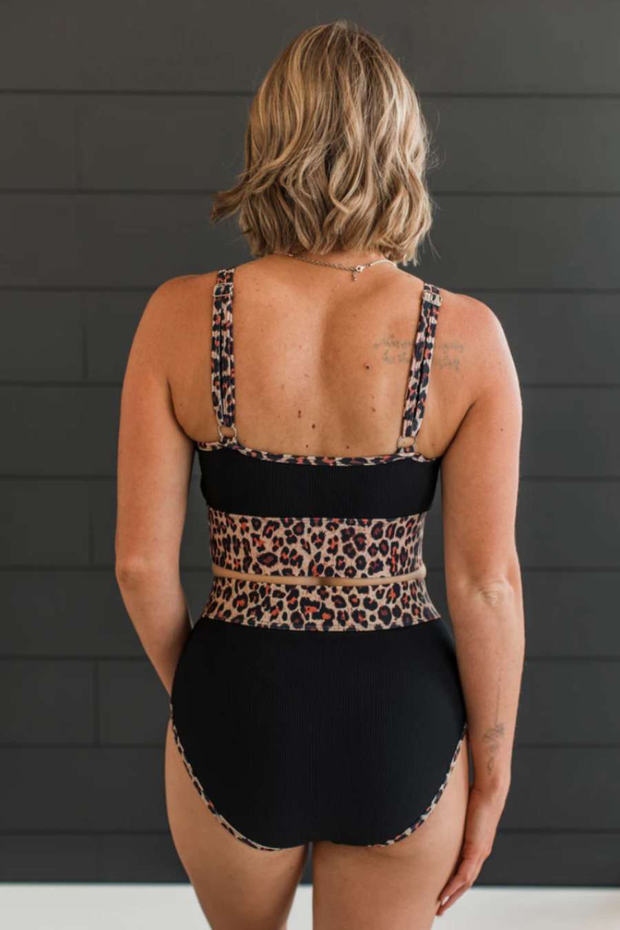 Black & Leopard Ribbed Swim Top