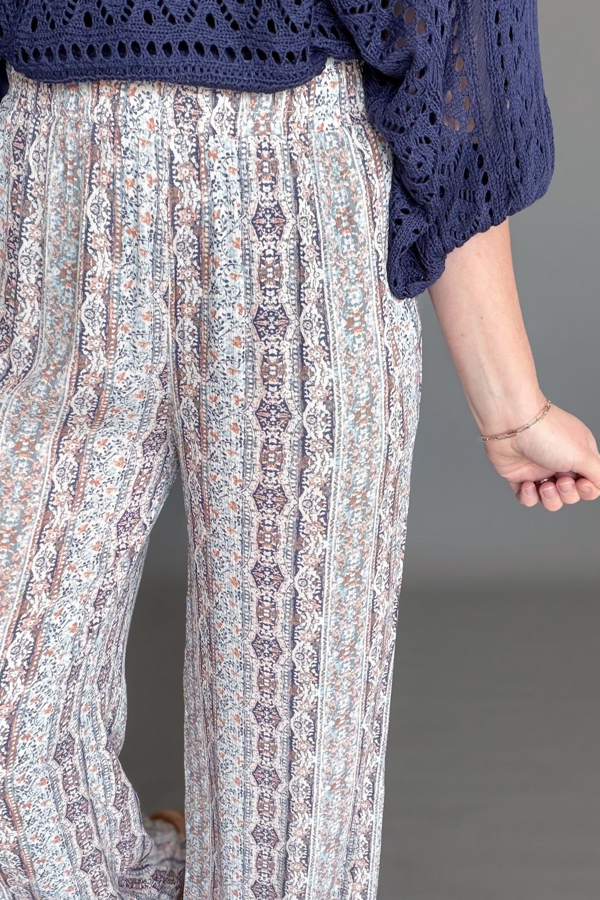 Lightweight wide leg pants with boho pattern and elastic waistband