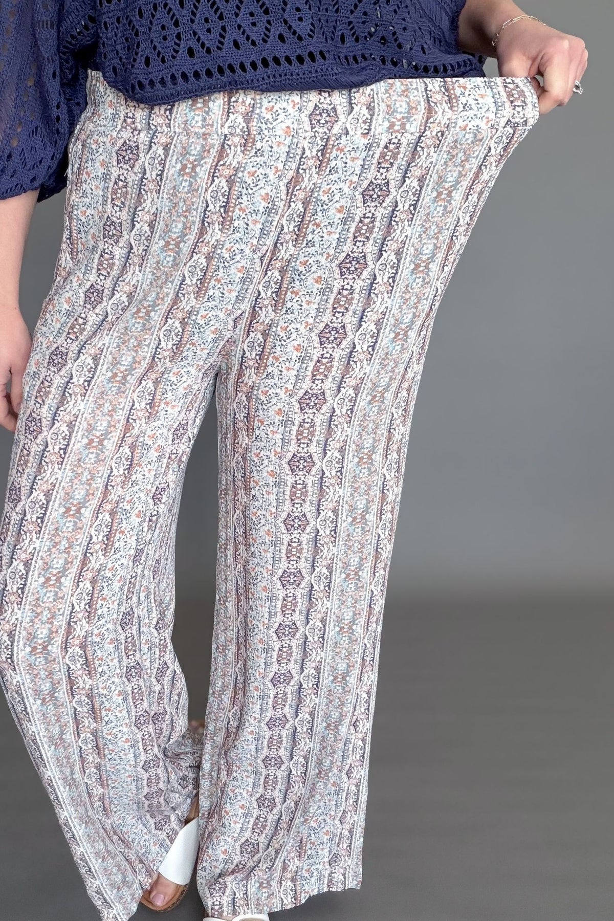 Lightweight wide leg pants with boho pattern and elastic waistband