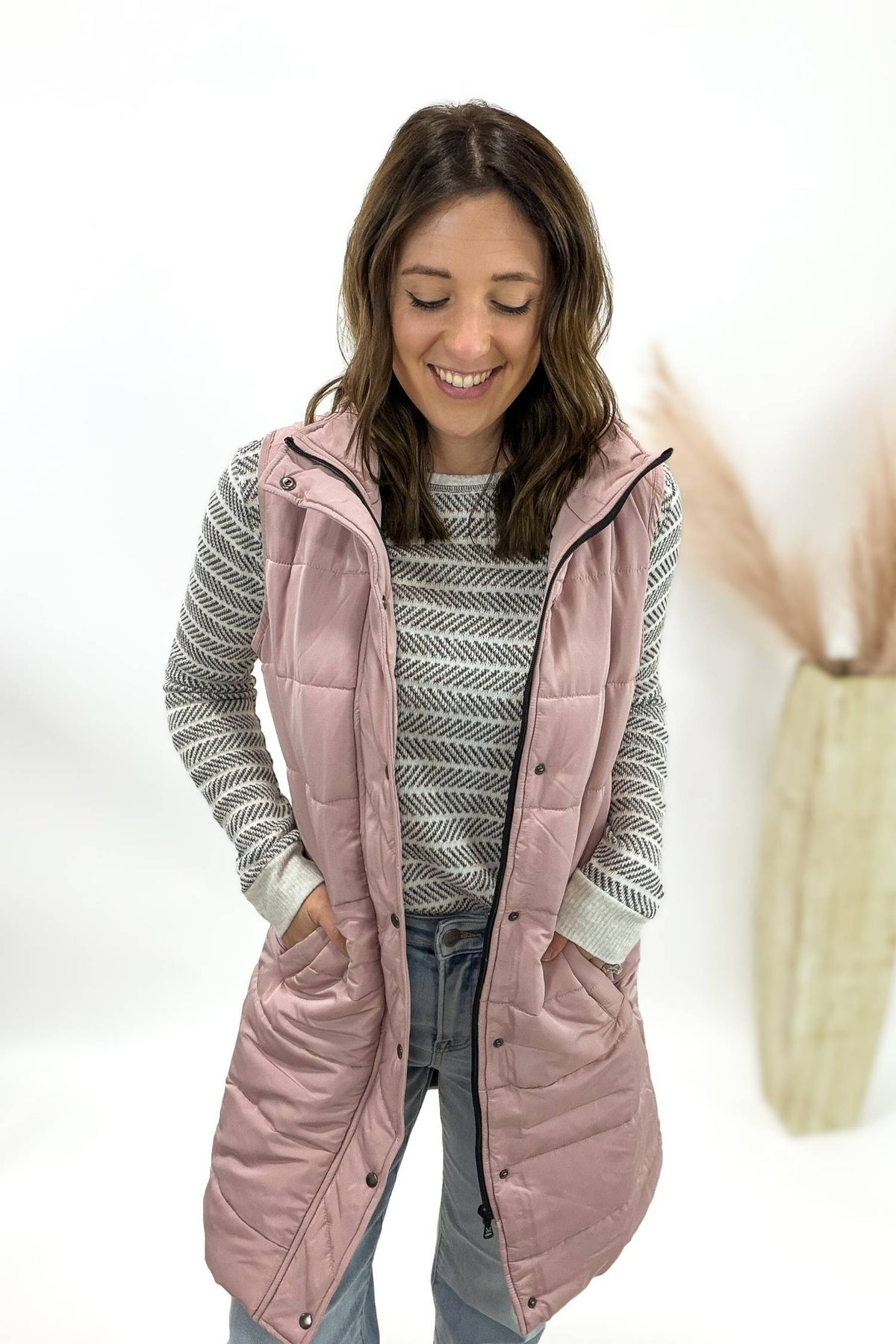 Blush Long Zip Puffer Vest