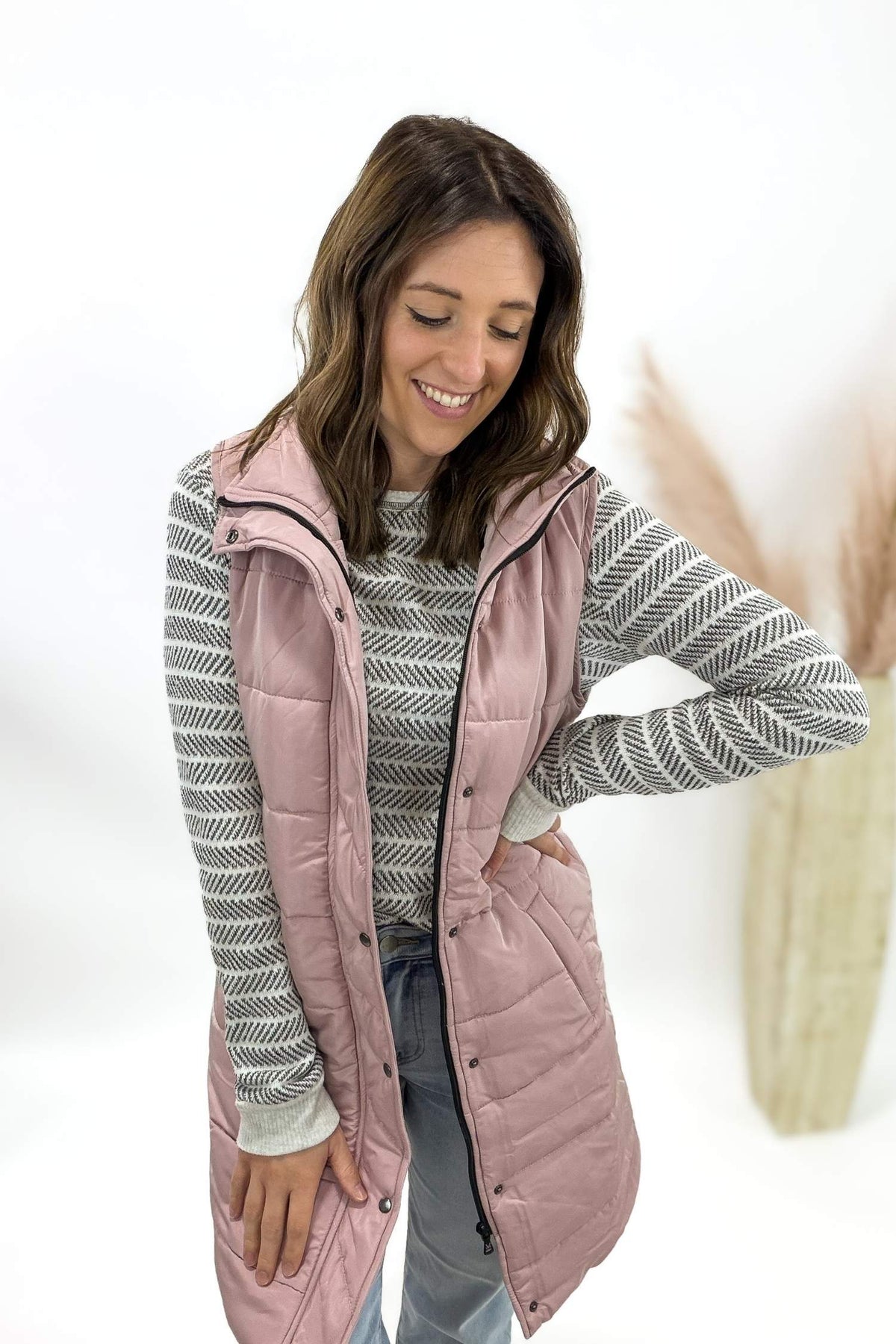 Blush Long Zip Puffer Vest