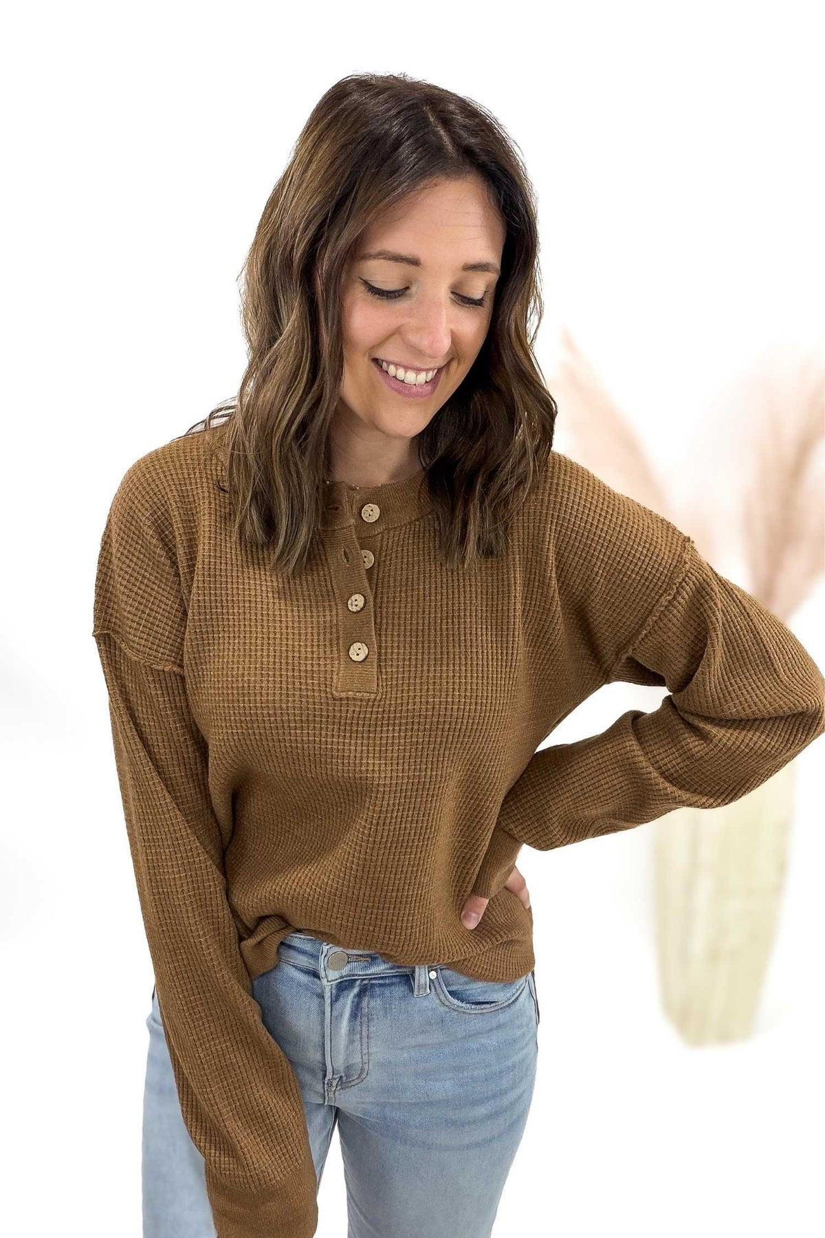 Brown Waffle Knit Henley Sweater