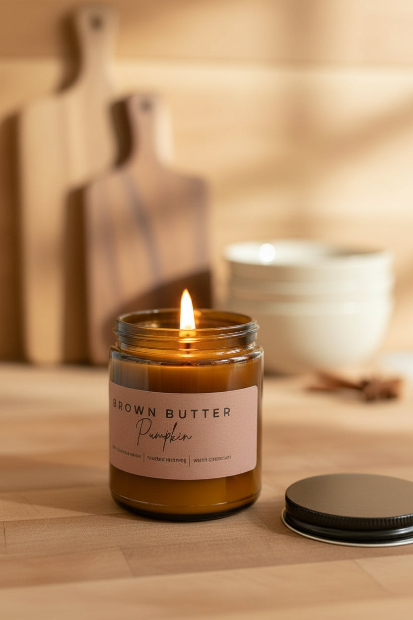 Brown butter pumpkin candle in an amber jar on a wooden surface with blurred background