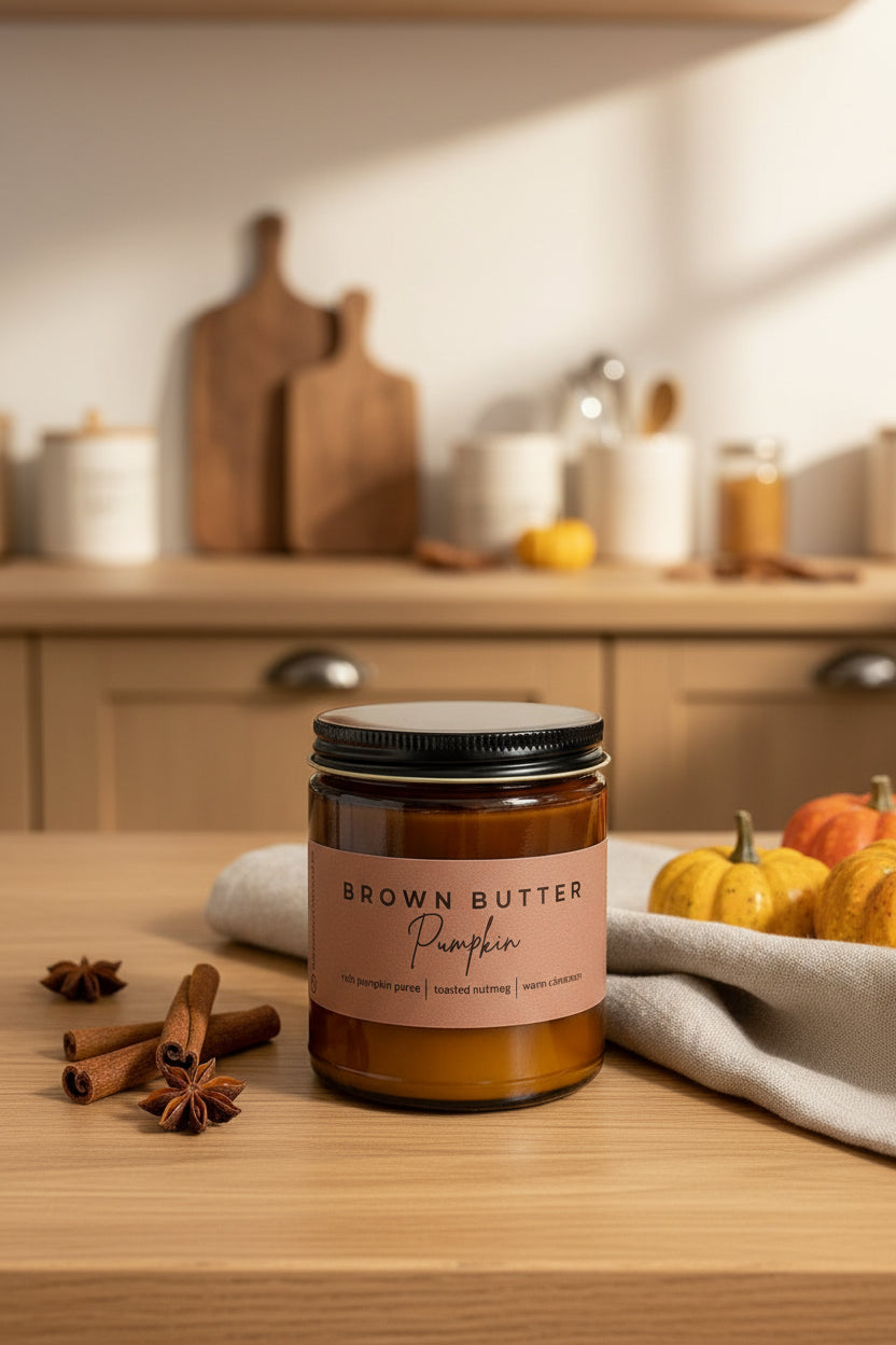 Candle jar labeled 'Brown Butter Pumpkin' on a wooden surface with a white textured object in the background.