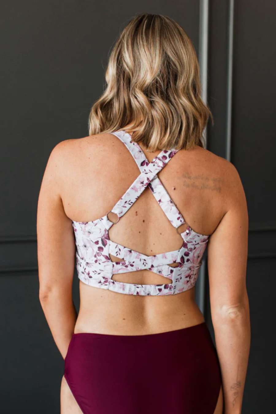 Burgundy Floral Criss-Cross Swim Top