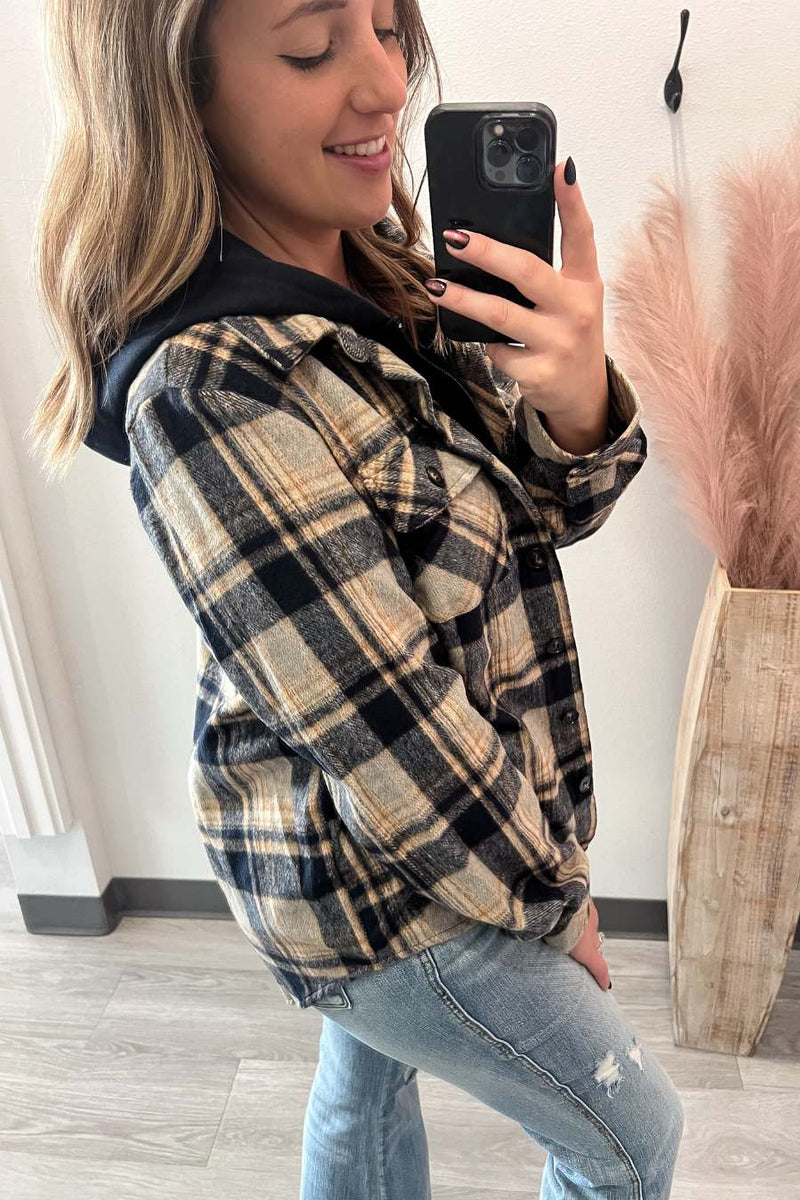 Button Down Plaid Hoodie- Navy