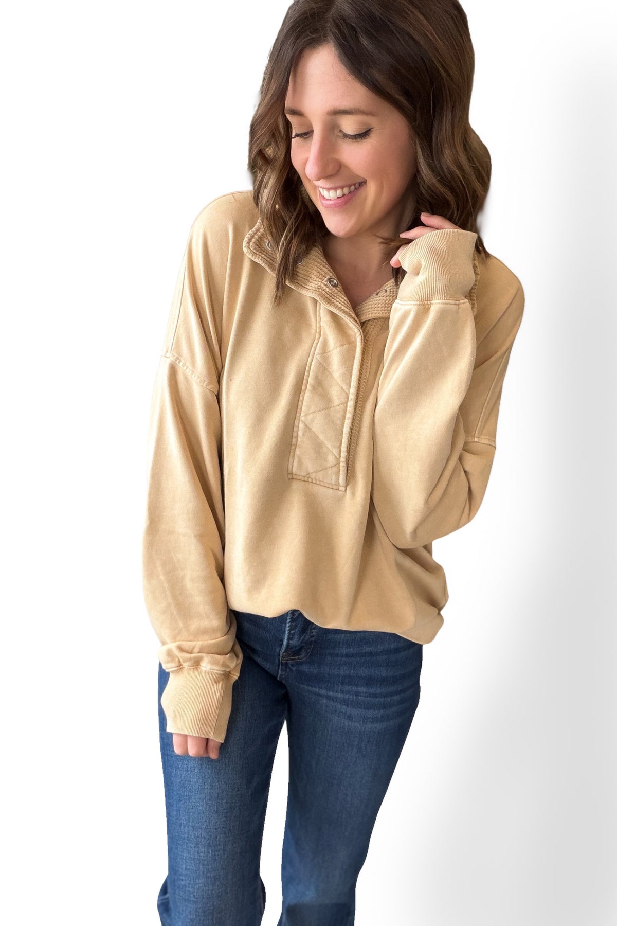 Camel French Terry Quarter Snap Sweatshirt