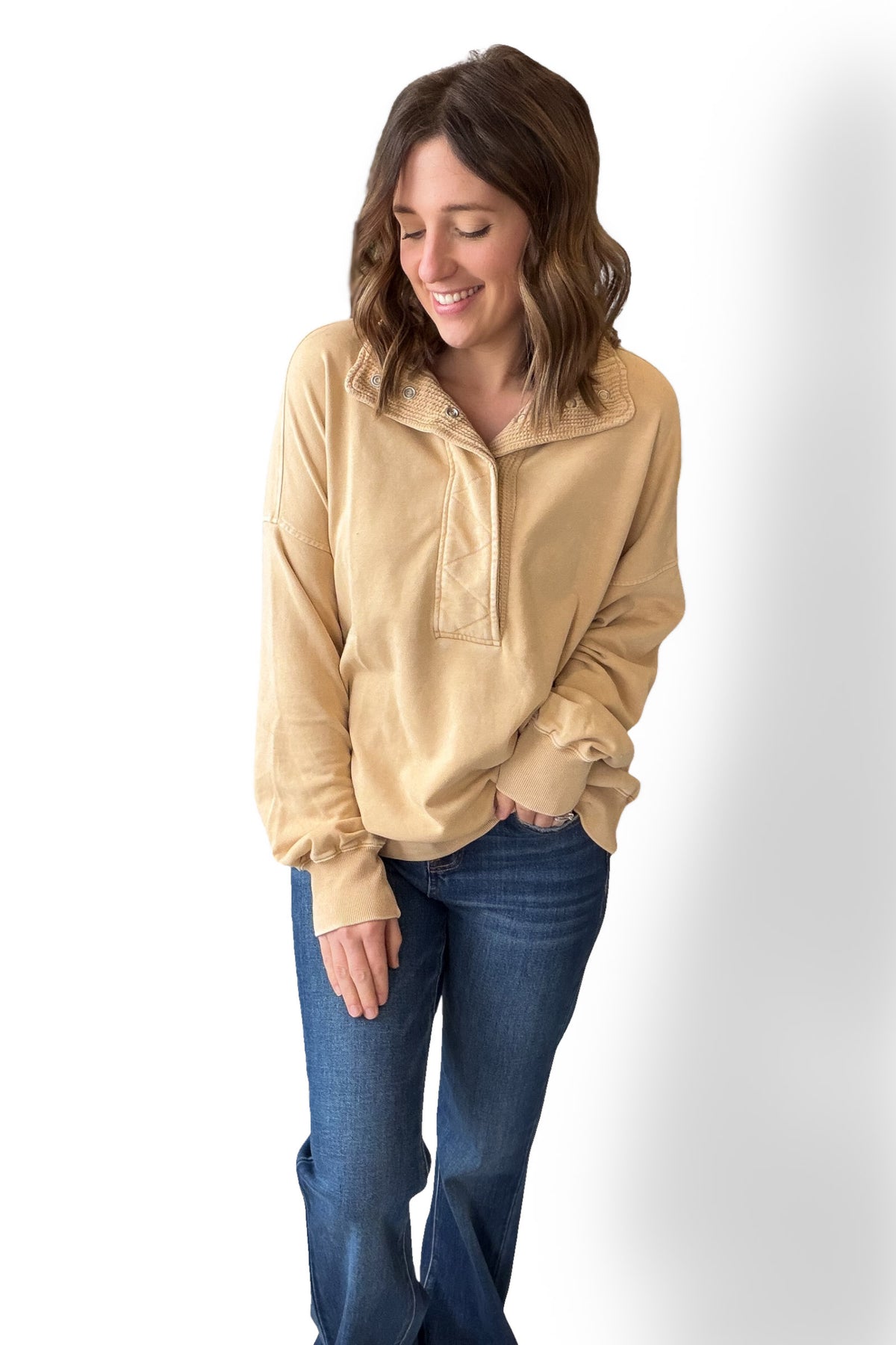 Camel French Terry Quarter Snap Sweatshirt