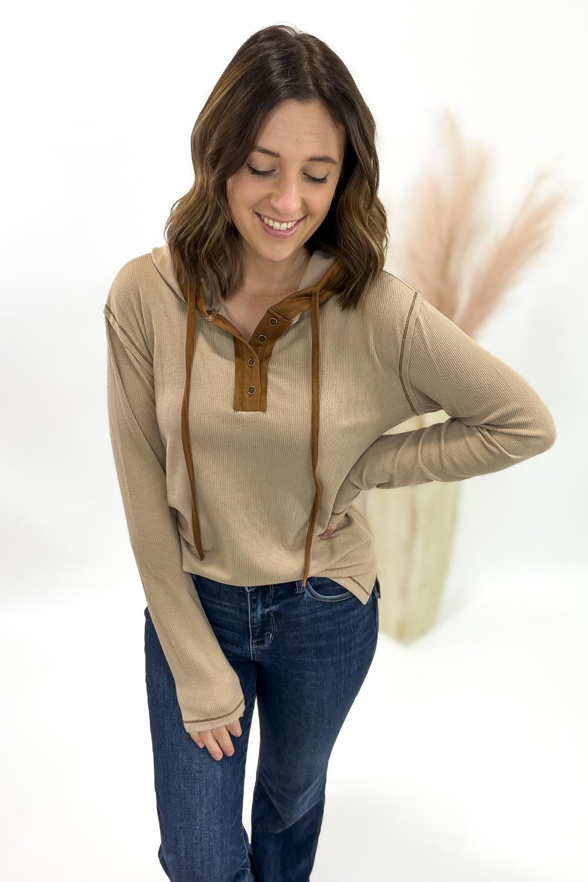 Camel Henley With Copper Suede Contrast