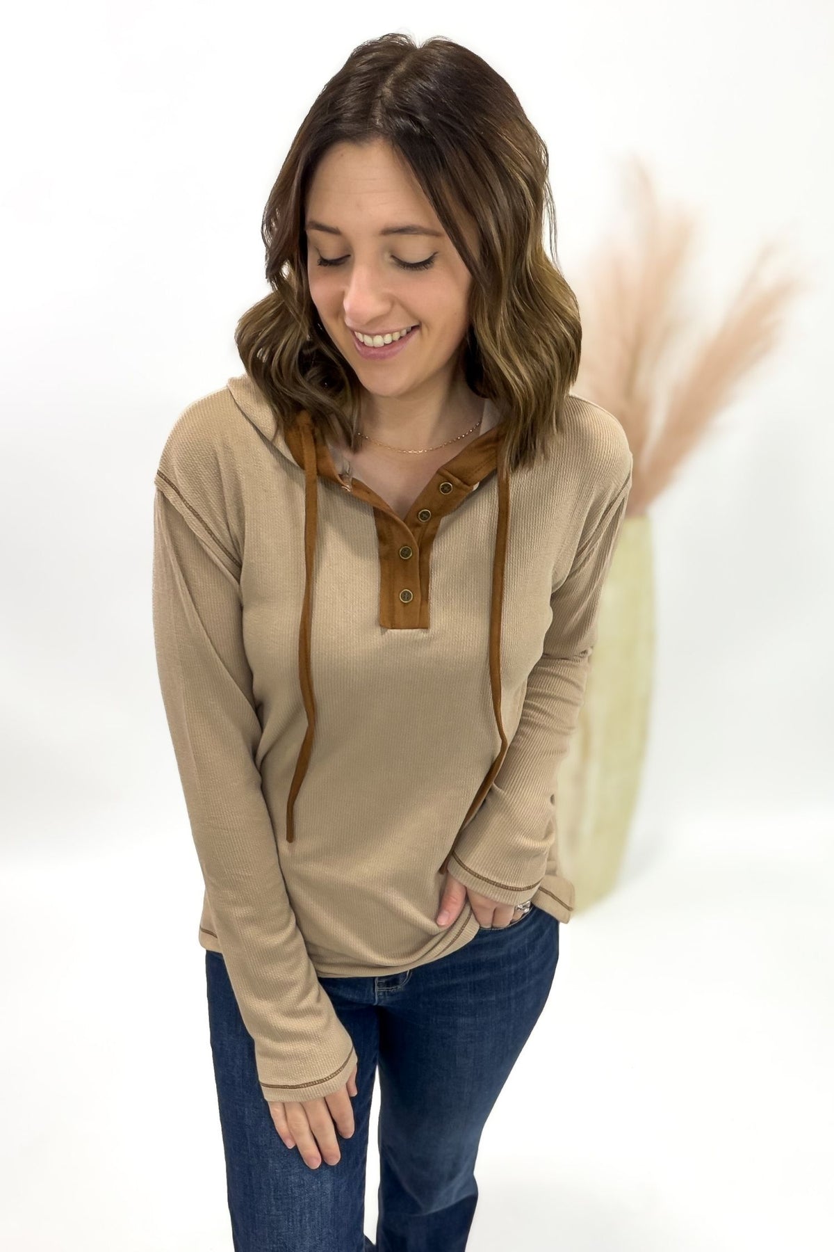 Camel Henley With Copper Suede Contrast