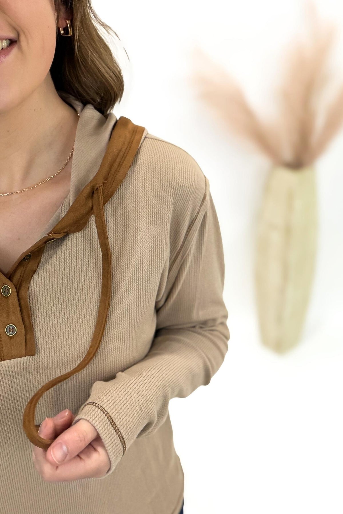 Camel Henley With Copper Suede Contrast